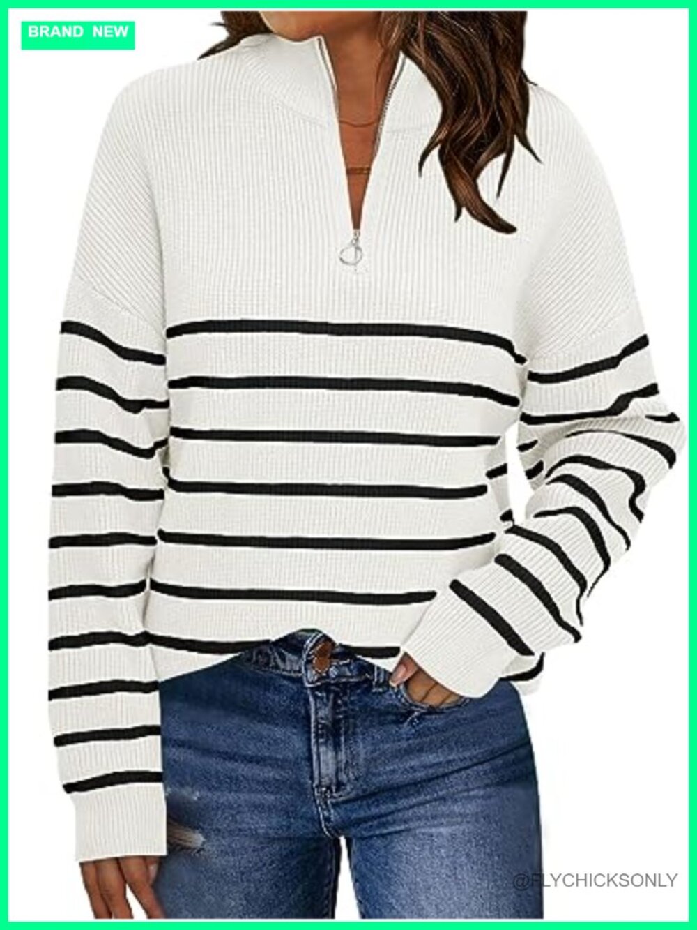 LILLUSORY Women's Quarter Zip Striped Oversized Ribbed Knit Sweater Pullover